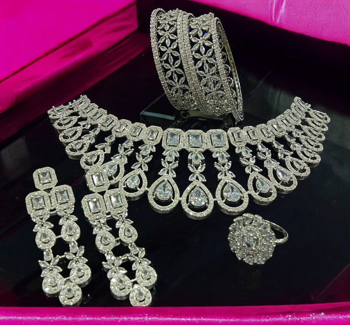 American Diamond CZ Jewelry Indian Necklace Earrings Ring Bangle Set, Cz Earrings, CZ necklace, AD Ring, AD Bangle, Bridal Jewelry