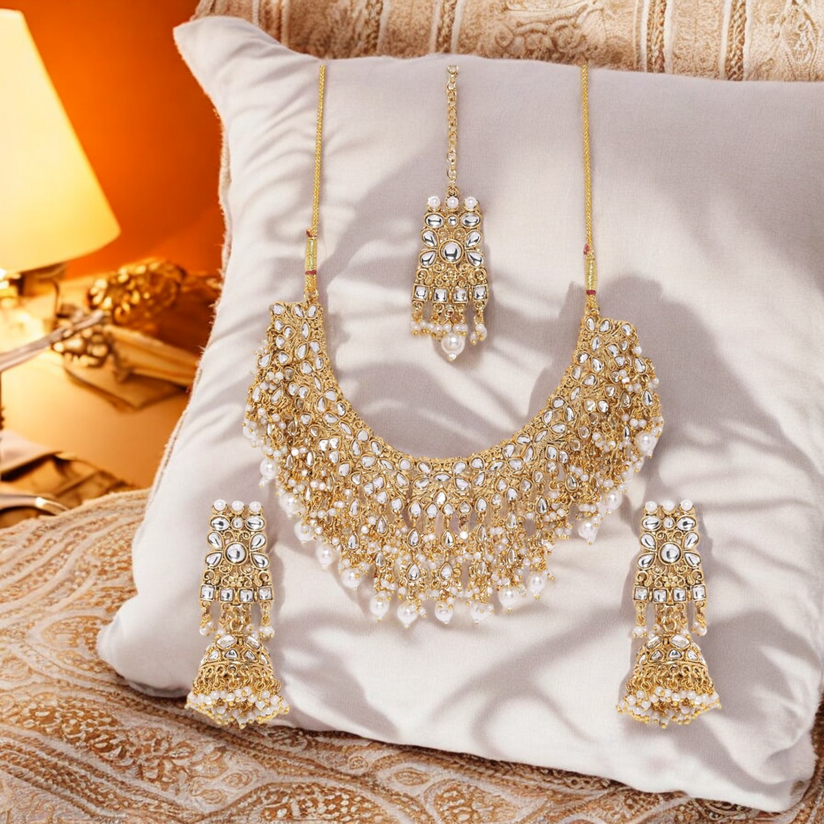 Gold Tone Kundan Pearls Bridal Choker Necklace Set, Choker Set, Wedding Choker Earring Set, Bridal Necklace Earring Set, Wedding Jewelry