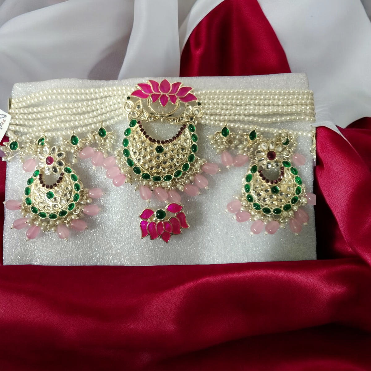 Pink Lotus Pearls Necklace Earring Ring Set, Meenakari Jewelry Set, Lotus Neckalce Earring, bridal Necklace, Wedding Earring