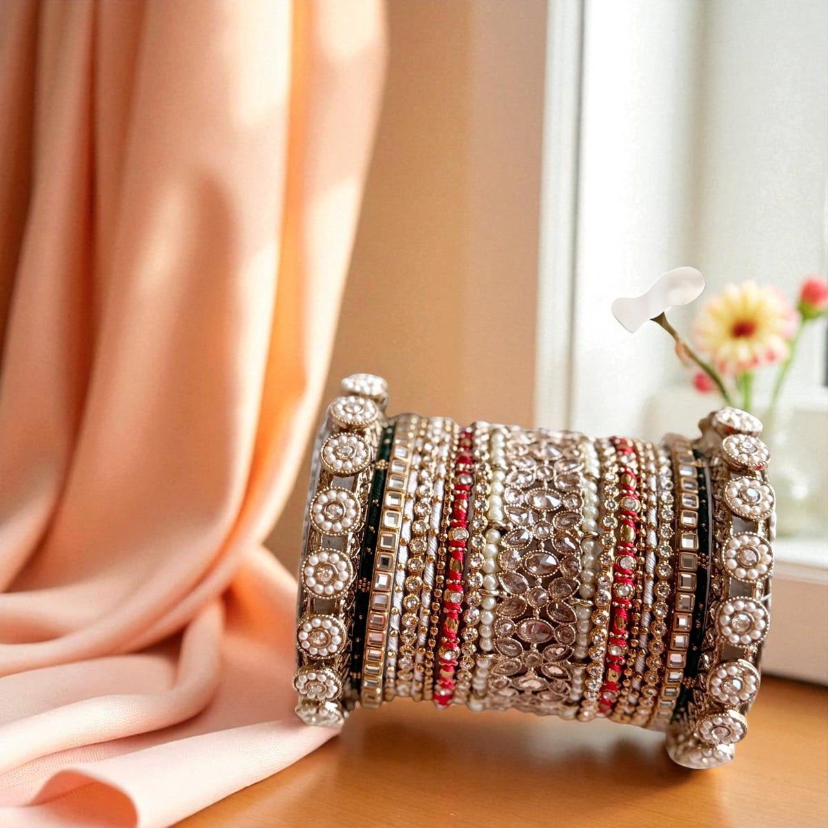 Traditional Red-Green Style Bangle Set for Two Hands By Libasaa