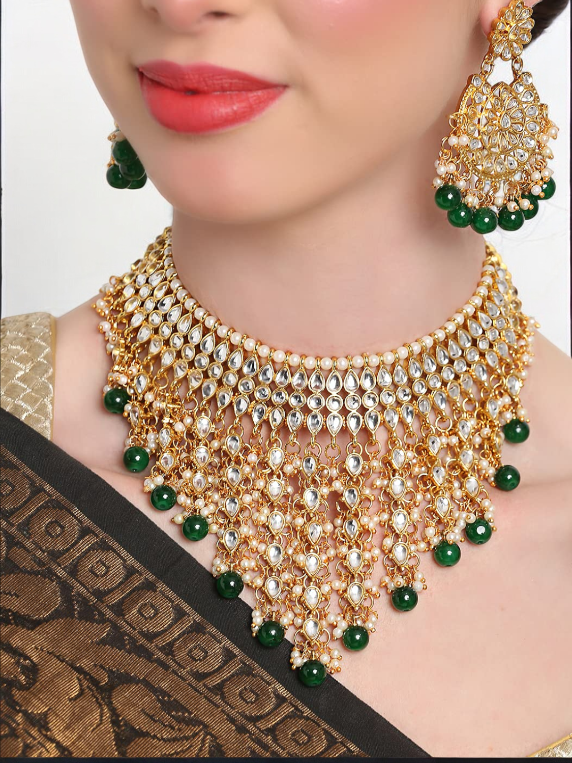 Green Gold Plated Necklace Kundan Jewellery Set, Pearl Necklace Chandbali set, Mangtika Set, Bridal Wedding Jewelry