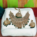 Green Gold Plated Necklace Kundan Jewellery Set, Pearl Necklace Chandbali set, Mangtika Set, Bridal Wedding Jewelry
