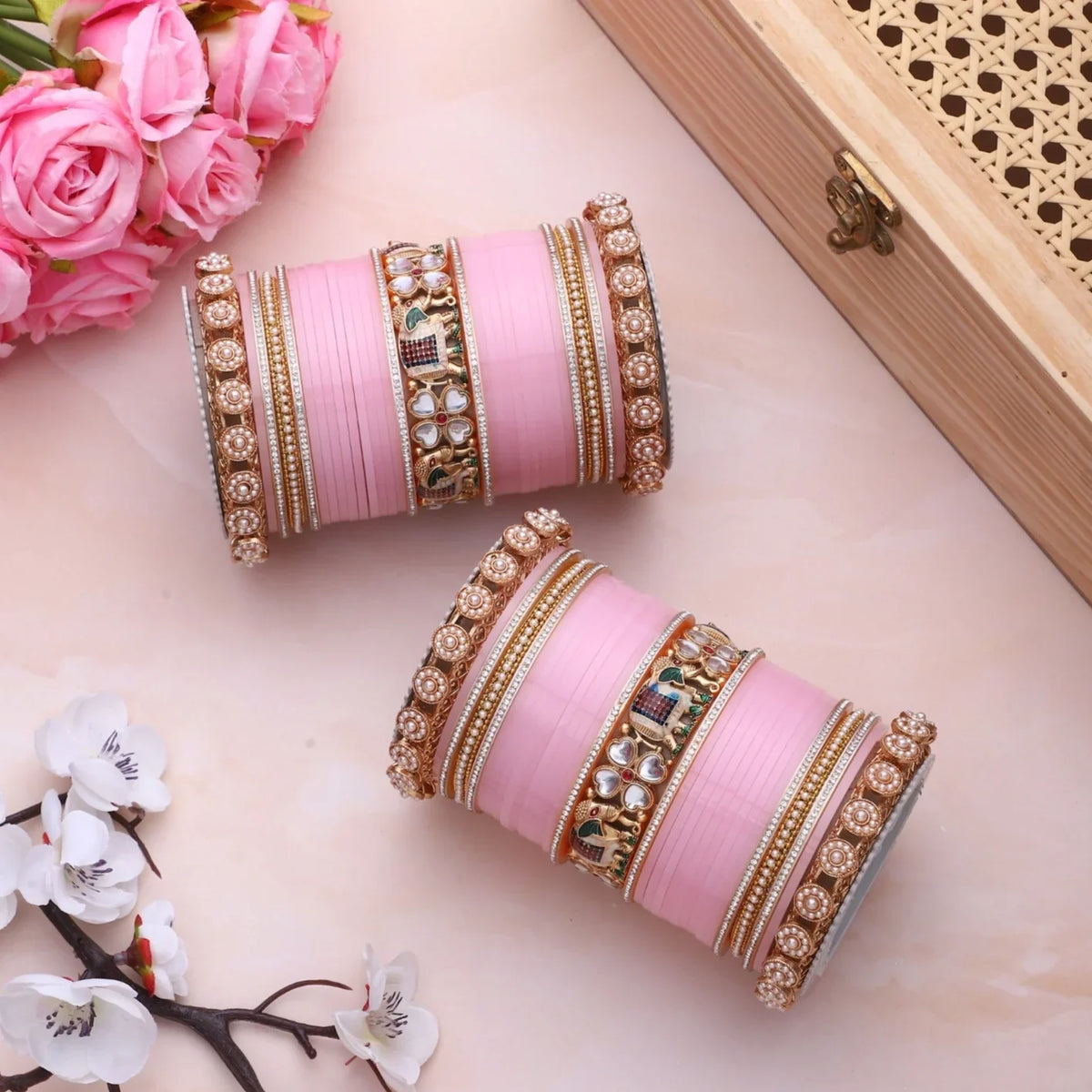 Bridal Chura with Pastel Colours & Kundan Elephant Kada | Punjabi Wedding Bangles Set | Indian Bridal Jewelry