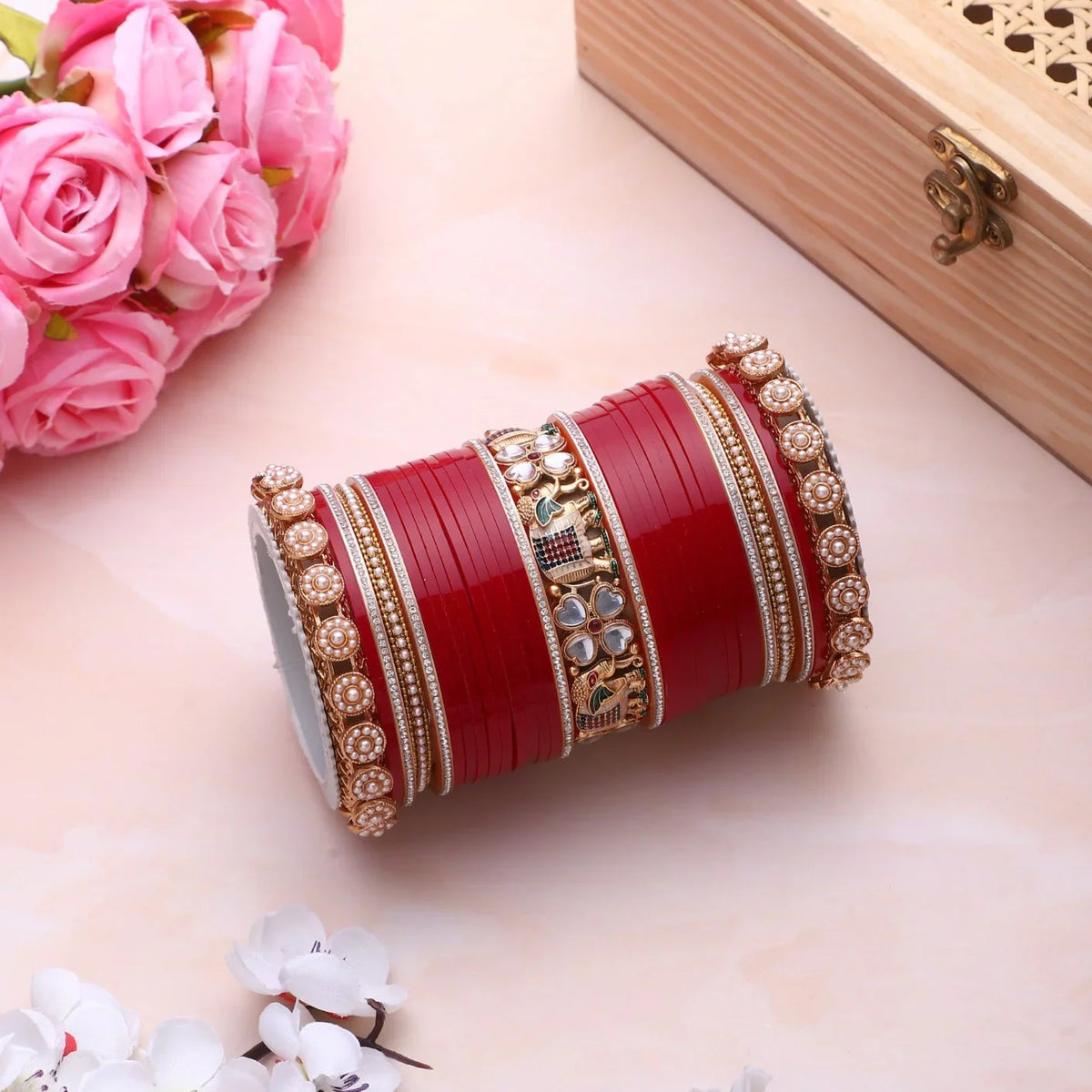 Bridal Chura with Pastel Colours & Kundan Elephant Kada | Punjabi Wedding Bangles Set | Indian Bridal Jewelry