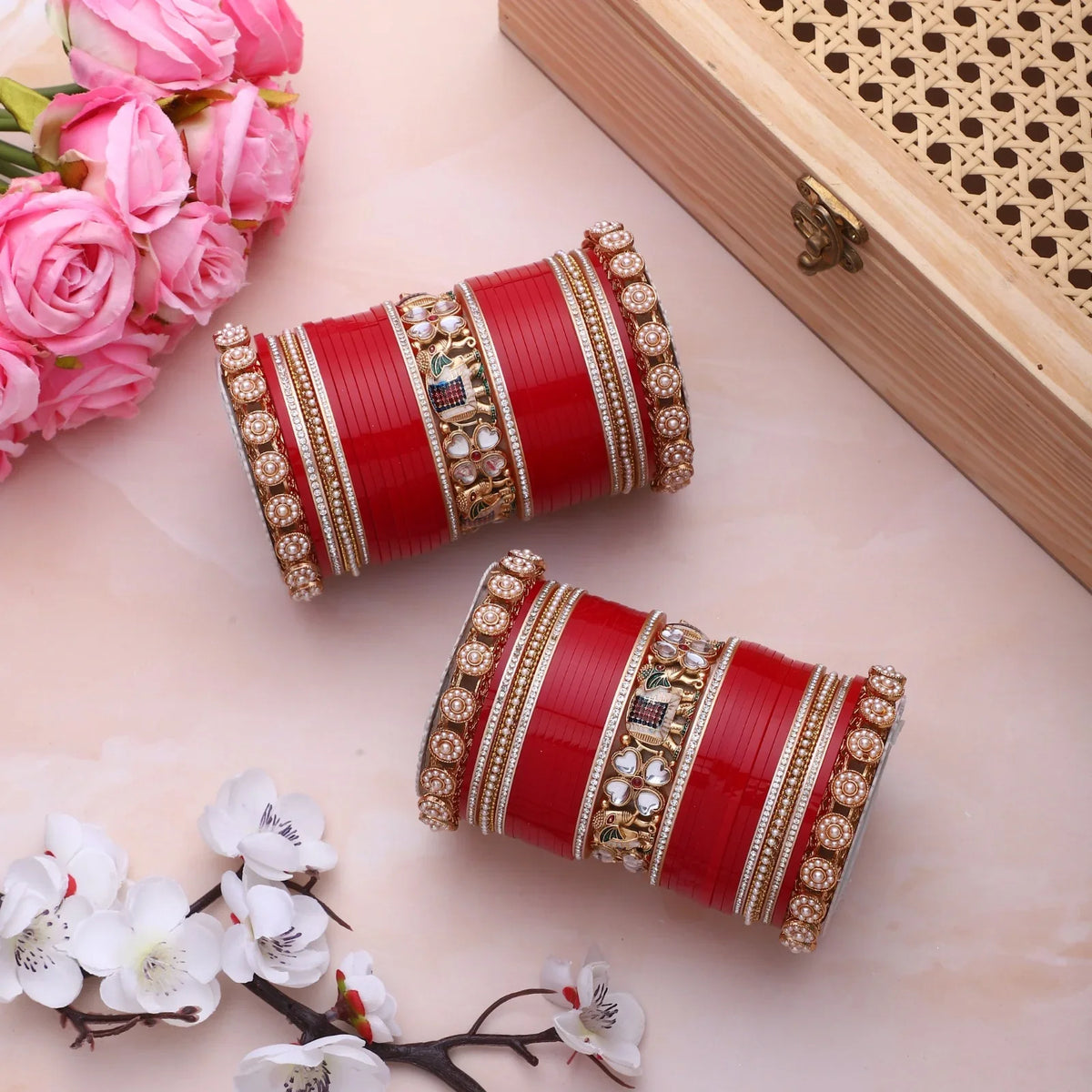 Bridal Chura with Pastel Colours & Kundan Elephant Kada | Punjabi Wedding Bangles Set | Indian Bridal Jewelry