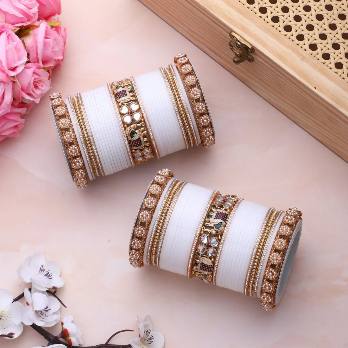 Bridal Chura with Pastel Colours & Kundan Elephant Kada | Punjabi Wedding Bangles Set | Indian Bridal Jewelry
