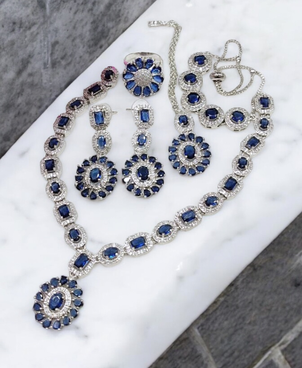 Sapphire AD Necklace Earrings Set With Maangtika Bracelet, Gemstone Bridal Jewelry, AD Necklace, CZ Mangtika