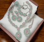 Sapphire AD Necklace Earrings Set With Maangtika Bracelet, Gemstone Bridal Jewelry, AD Necklace, CZ Mangtika