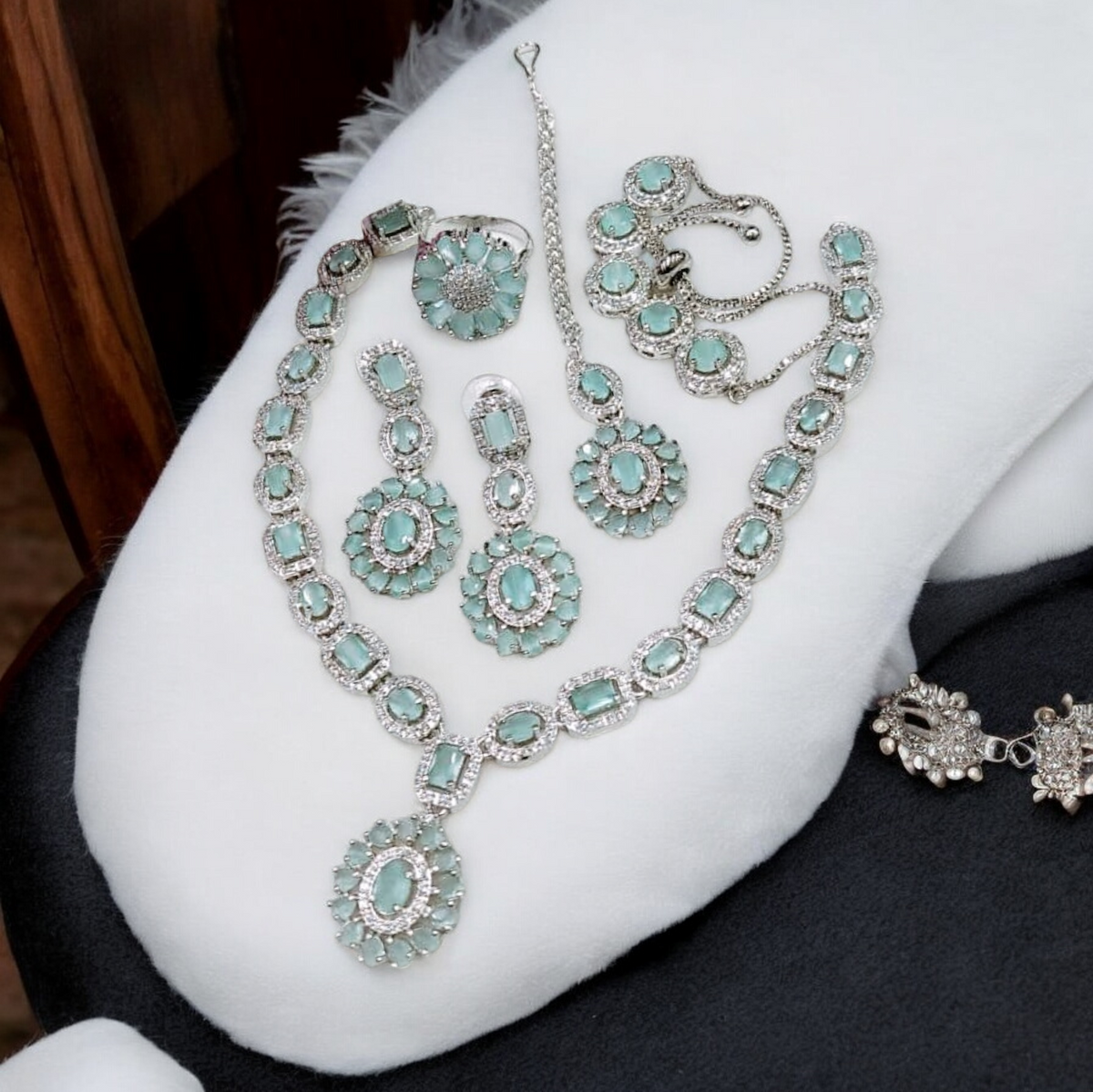 Sapphire AD Necklace Earrings Set With Maangtika Bracelet, Gemstone Bridal Jewelry, AD Necklace, CZ Mangtika