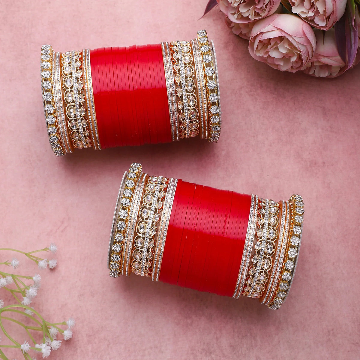 Bridal Chura with Rich Colours & Stone Pacheli Kada | Traditional Punjabi Wedding Bangles Set
