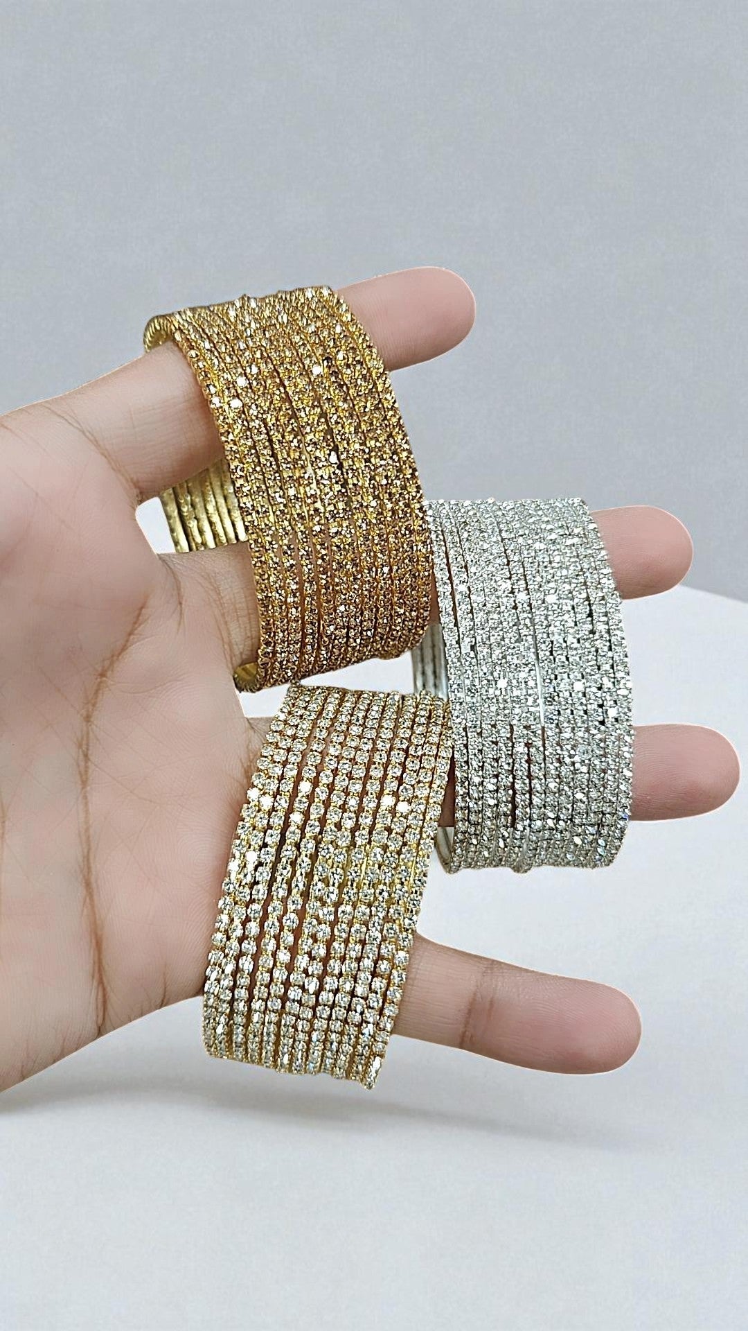 Premium Sparkling Multi-Row Diamond Cut Stone Bangles Gold & Silver Finish