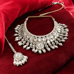 Bridal Engagement Pearl Kundan Choker With Jhumka Maangtika Set, Pearl Jhumka, Kundan Jhumka, Pearl Necklace, Bridal Mangtika Set, Indian Jewelry Set