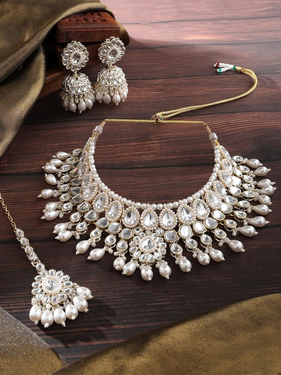 Bridal Engagement Pearl Kundan Choker With Jhumka Maangtika Set, Pearl Jhumka, Kundan Jhumka, Pearl Necklace, Bridal Mangtika Set, Indian Jewelry Set