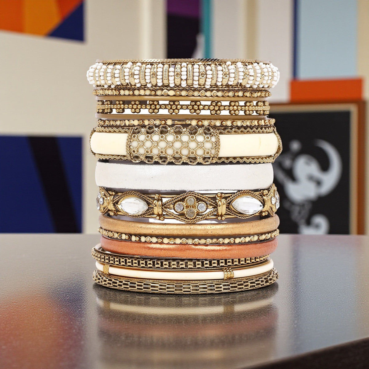 Modern Tribal Bangle Stack – Set of 14 | Boho Ethnic Jewelry