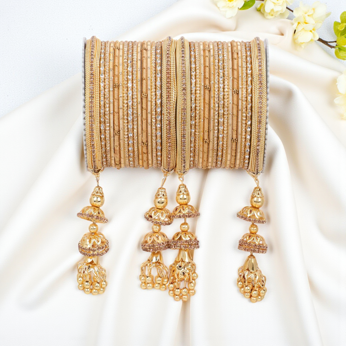 Traditional Jhumki Bangle Set with Golden Dotted Bangles | Ethnic Bridal Jewelry