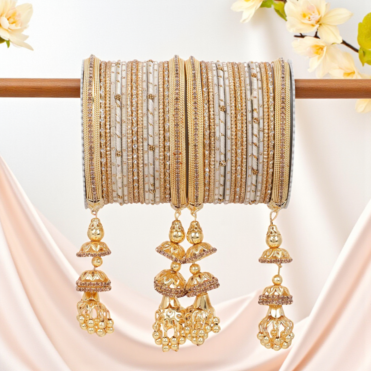 Traditional Jhumki Bangle Set with Golden Dotted Bangles | Ethnic Bridal Jewelry