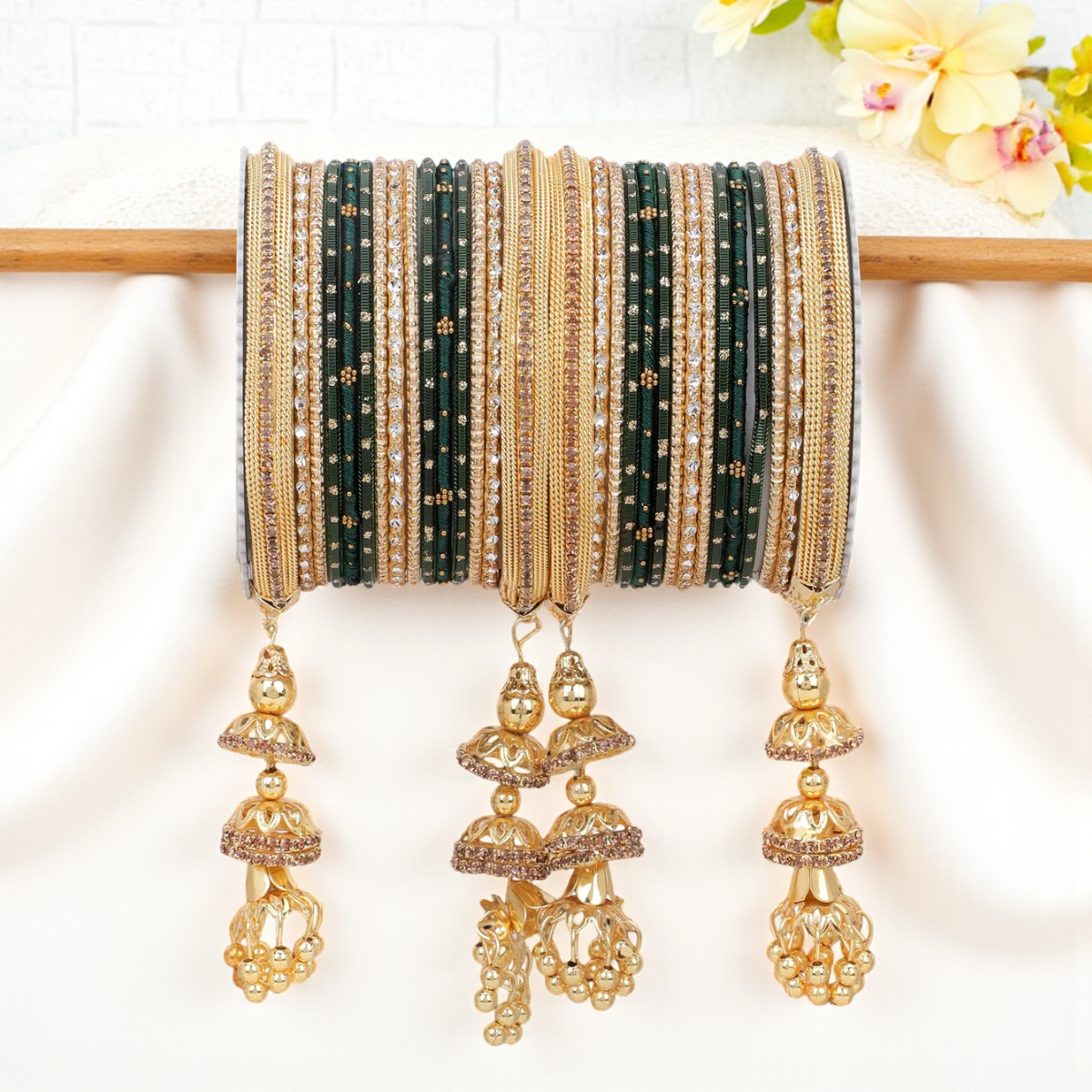 Traditional Jhumki Bangle Set with Golden Dotted Bangles | Ethnic Bridal Jewelry