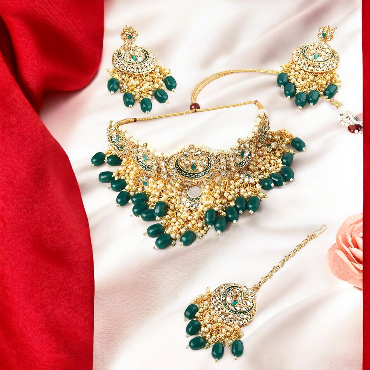 Green Pakistani Pearl Choker Kundan Earring With Mangtika Set, Green Choker, Pakistani Choker Kundan Set, Pearl Bridal Jewellery Set