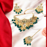 Green Pakistani Pearl Choker Kundan Earring With Mangtika Set, Green Choker, Pakistani Choker Kundan Set, Pearl Bridal Jewellery Set