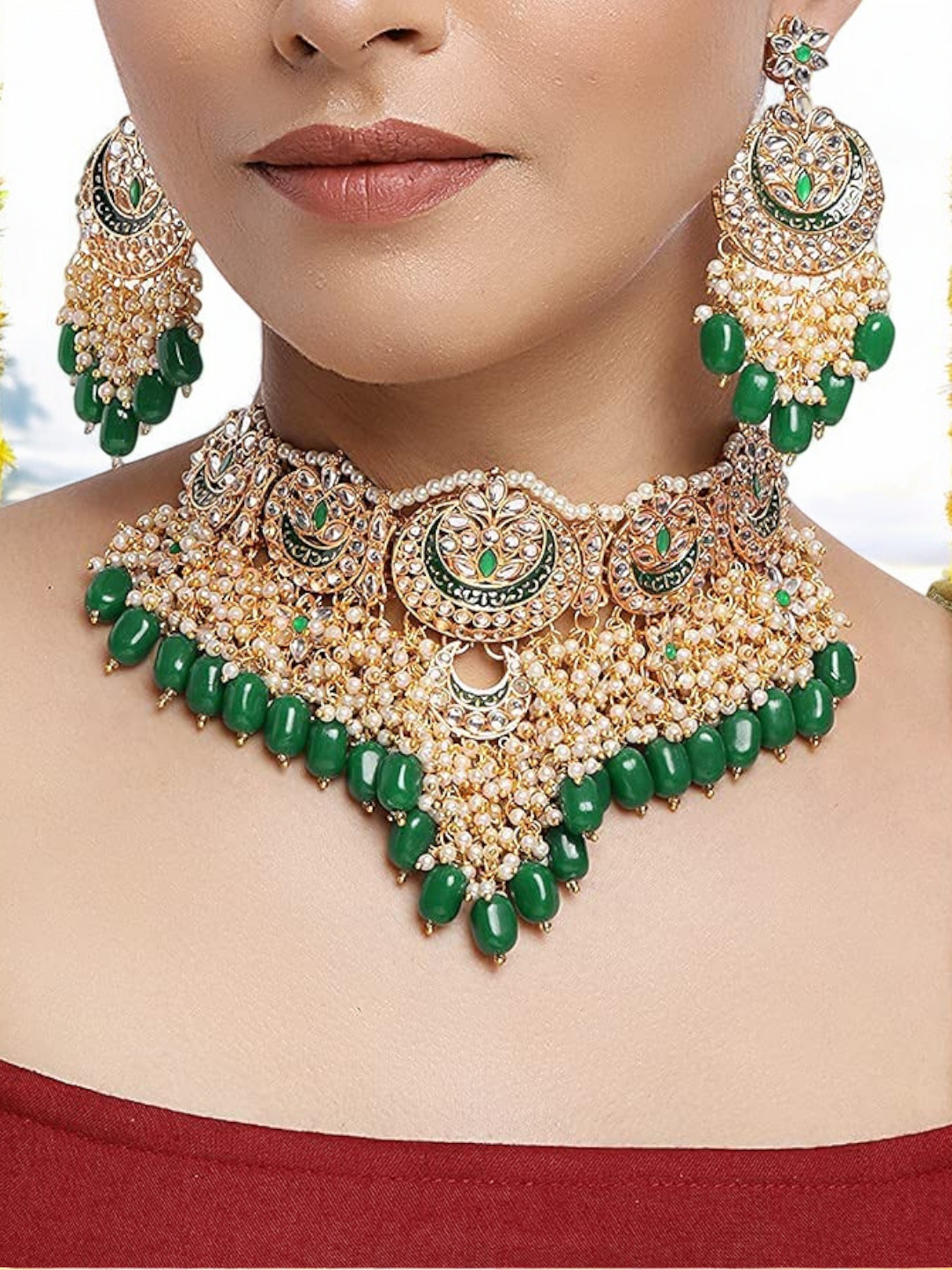 Green Pakistani Pearl Choker Kundan Earring With Mangtika Set, Green Choker, Pakistani Choker Kundan Set, Pearl Bridal Jewellery Set