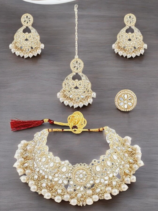 Gold Kundan Bridal Choker Necklace With Pearl Earrings, Kundan Choker Necklace, Pearl Earrings Set, Indian Kundan Jewelry, Bridal Kundan Jewellery Set