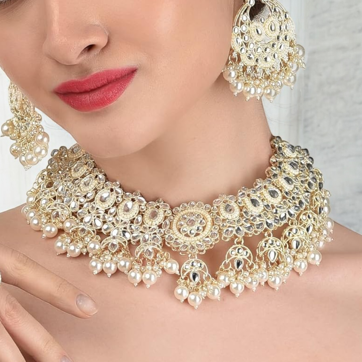 Gold Kundan Bridal Choker Necklace With Pearl Earrings, Kundan Choker Necklace, Pearl Earrings Set, Indian Kundan Jewelry, Bridal Kundan Jewellery Set