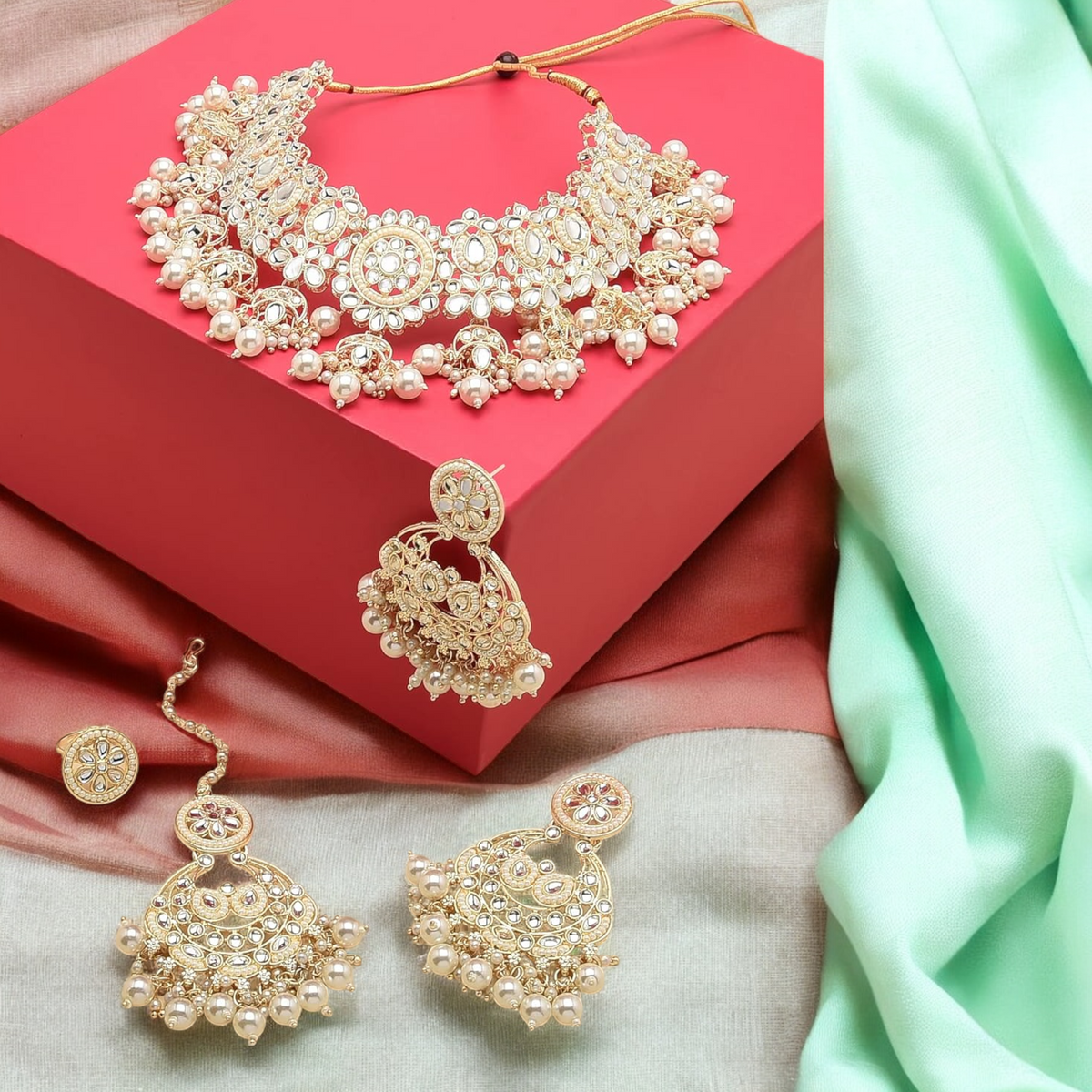 Gold Kundan Bridal Choker Necklace With Pearl Earrings, Kundan Choker Necklace, Pearl Earrings Set, Indian Kundan Jewelry, Bridal Kundan Jewellery Set
