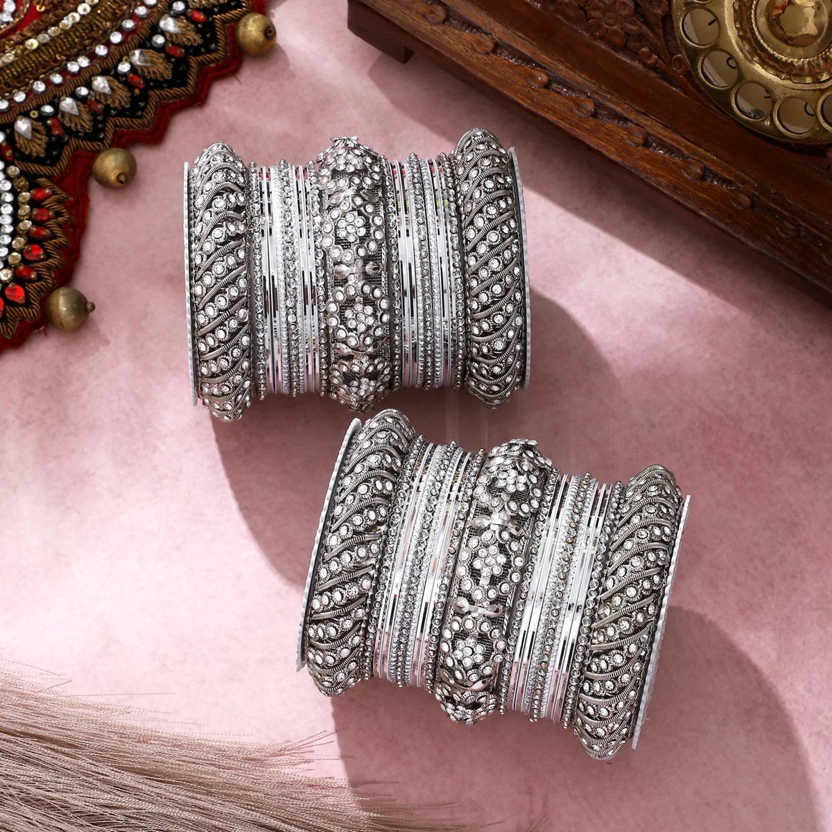 Silver Pacheli Bangle Set with Floral Center Kada | Traditional Ethnic Jewelry