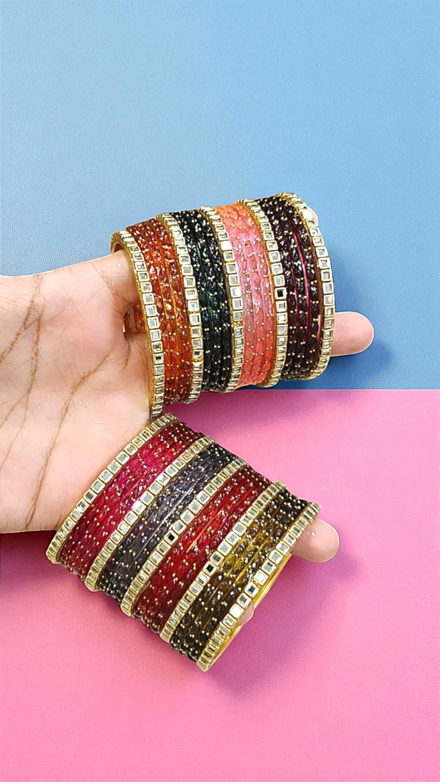 Full Set Bridal Bangles 2 Hand Glass Gold Drop Bangles with 10-Piece Metal Kundan Bangles Combo