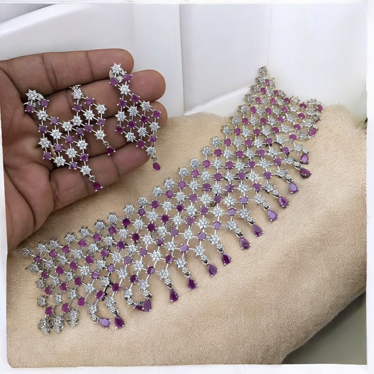 American Diamond Premuim Choker Earrings Mangtika Set, Indian AD Necklace Set, Earrings CZ Set, Bridal Jewelry set, Mangtika Set, AD Maangtika Set