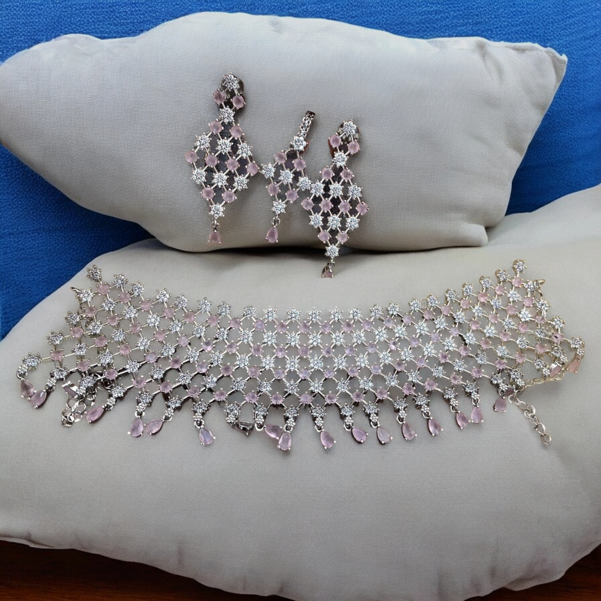 American Diamond Premuim Choker Earrings Mangtika Set, Indian AD Necklace Set, Earrings CZ Set, Bridal Jewelry set, Mangtika Set, AD Maangtika Set