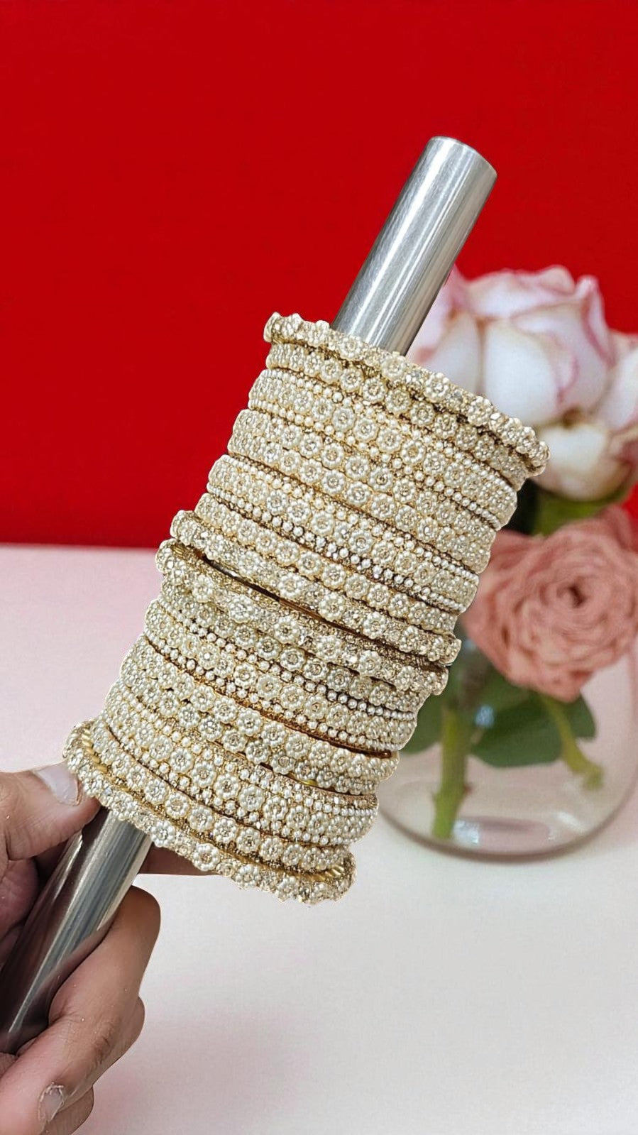 Floral CZ Stone Bridal Bangles Set Full Hand Polished Golden Sparkle Stack