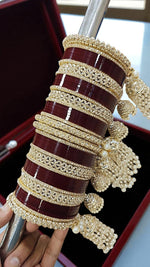 Red Bridal Chuda Set with Gold Kundan Detailing & Pearl Kaleere Traditional Punjabi Wedding Bangles