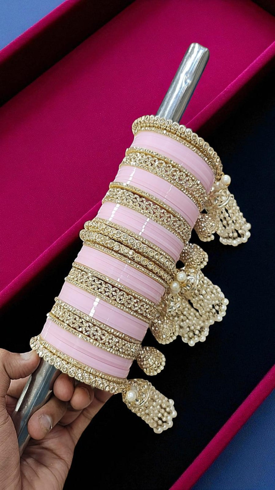 Red Bridal Chuda Set with Gold Kundan Detailing & Pearl Kaleere Traditional Punjabi Wedding Bangles