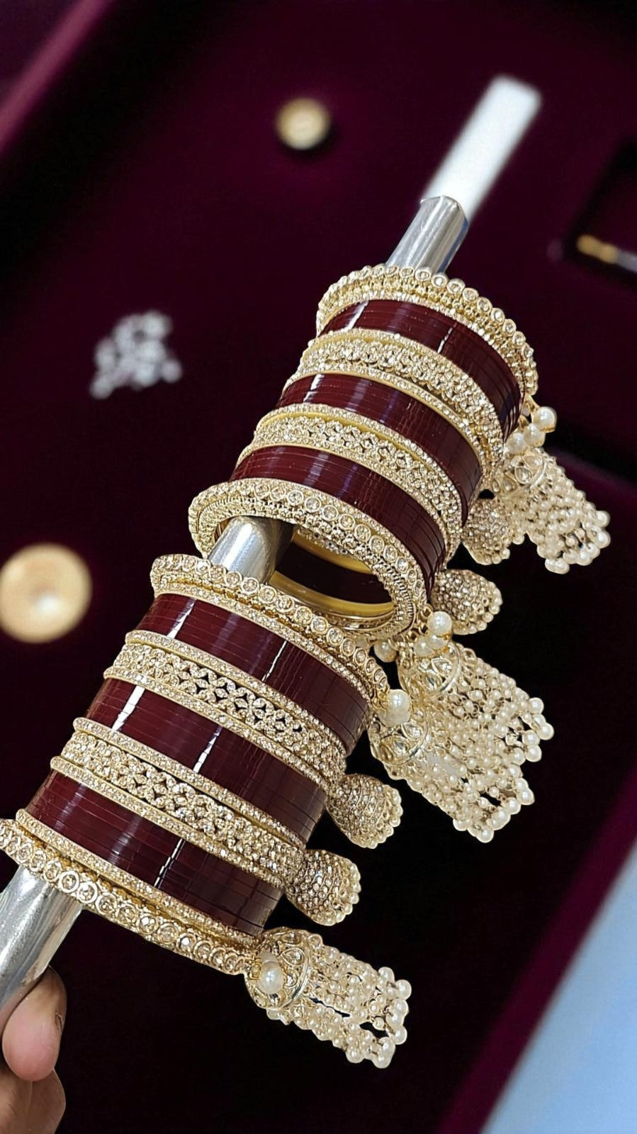 Red Bridal Chuda Set with Gold Kundan Detailing & Pearl Kaleere Traditional Punjabi Wedding Bangles