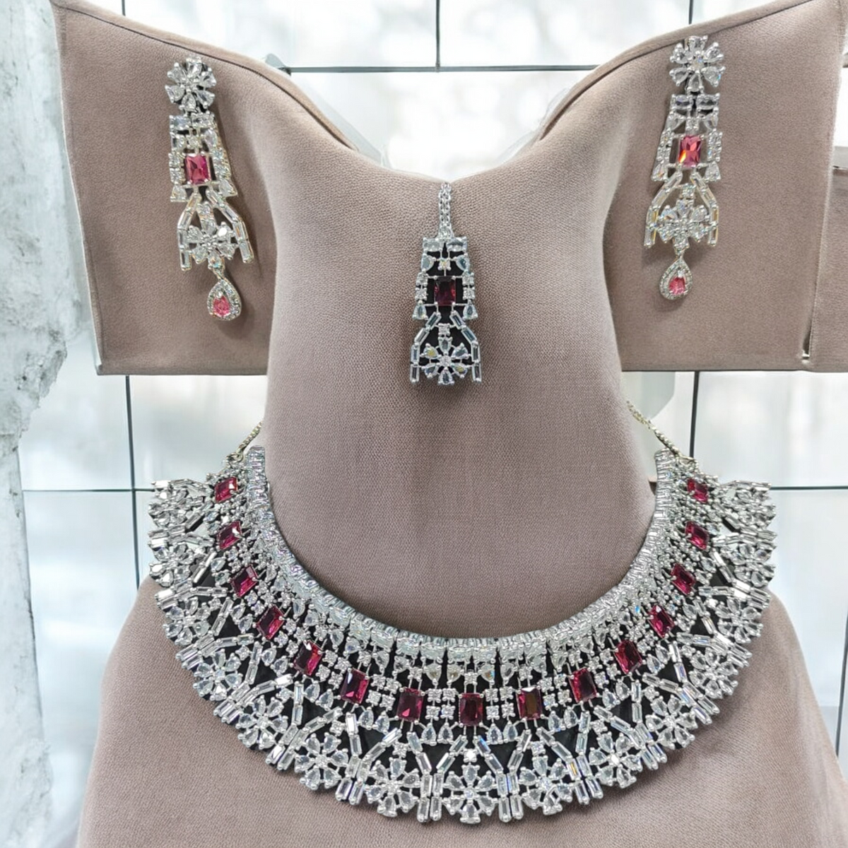 CZ Bollywood Inspired Necklace AD Earrings Set, AD Necklace Set, AD Jewelry Set, AD Choker Set, Indian Wedding AD Jewelry Set