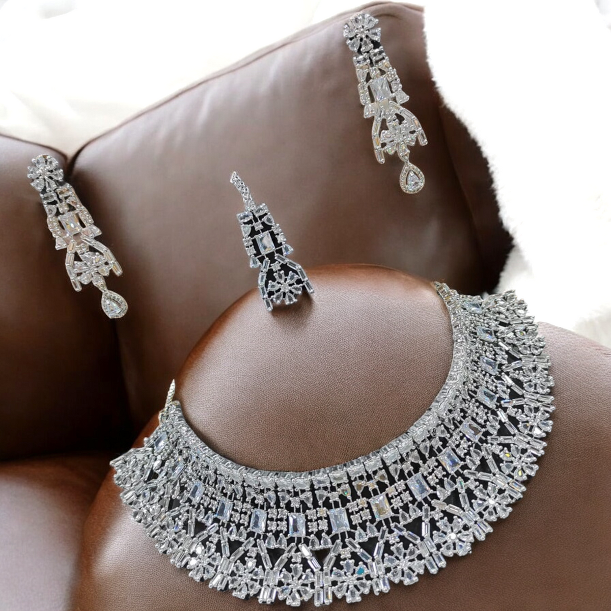 CZ Bollywood Inspired Necklace AD Earrings Set, AD Necklace Set, AD Jewelry Set, AD Choker Set, Indian Wedding AD Jewelry Set