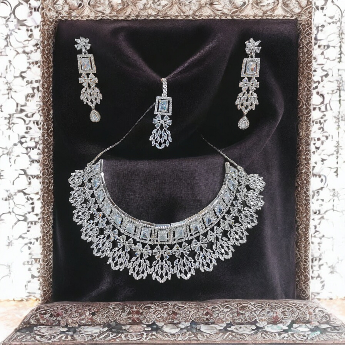 American Diamond Choker Necklace Bollywood Jewellery Set, Bollywood AD Jewellery, CZ Choker Earrings, Indian AD Choker, Pakistani Jewelry Set