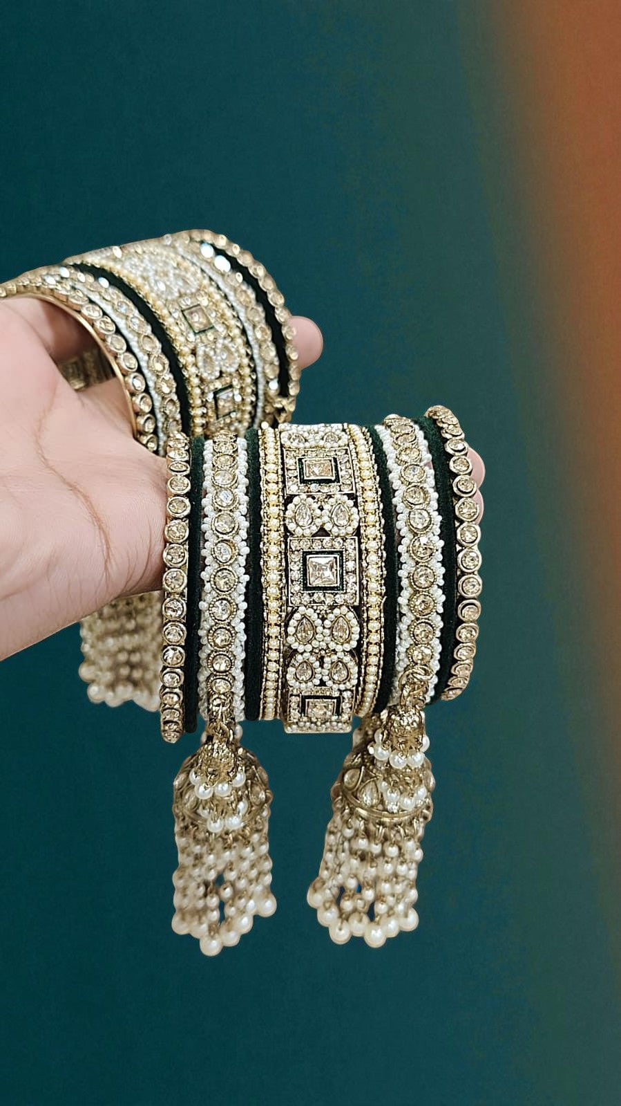 Kundan Pearl Beaded Mirror Bangle Set, Indian Wedding Jewelry, Kundan Jewelry
