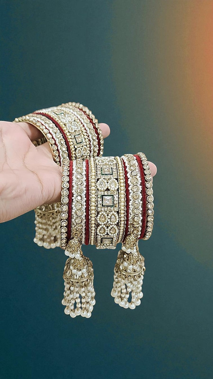 Kundan Pearl Beaded Mirror Bangle Set, Indian Wedding Jewelry, Kundan Jewelry