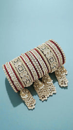 Kundan Pearl Beaded Mirror Bangle Set, Indian Wedding Jewelry, Kundan Jewelry