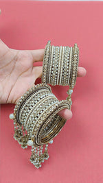 Traditional Gold Plated Kundan & Pearl Bridal Bangles with Hanging Jhumki Wedding Jewelry Set