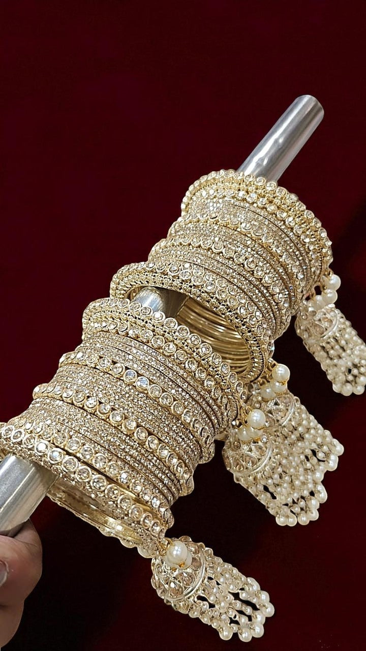 Gold Plated Kundan Bridal Chooda with Pearl Jhumki Hangings – Traditional Wedding Bangle Set