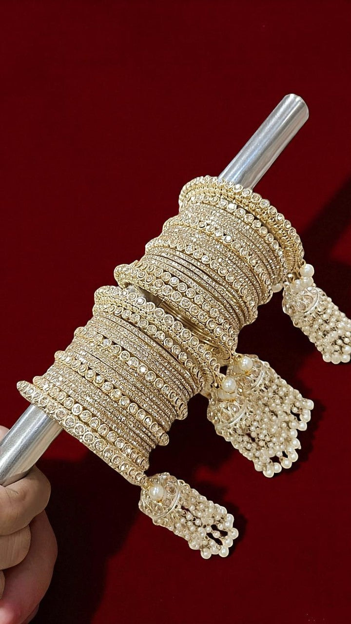 Gold Plated Kundan Bridal Chooda with Pearl Jhumki Hangings – Traditional Wedding Bangle Set