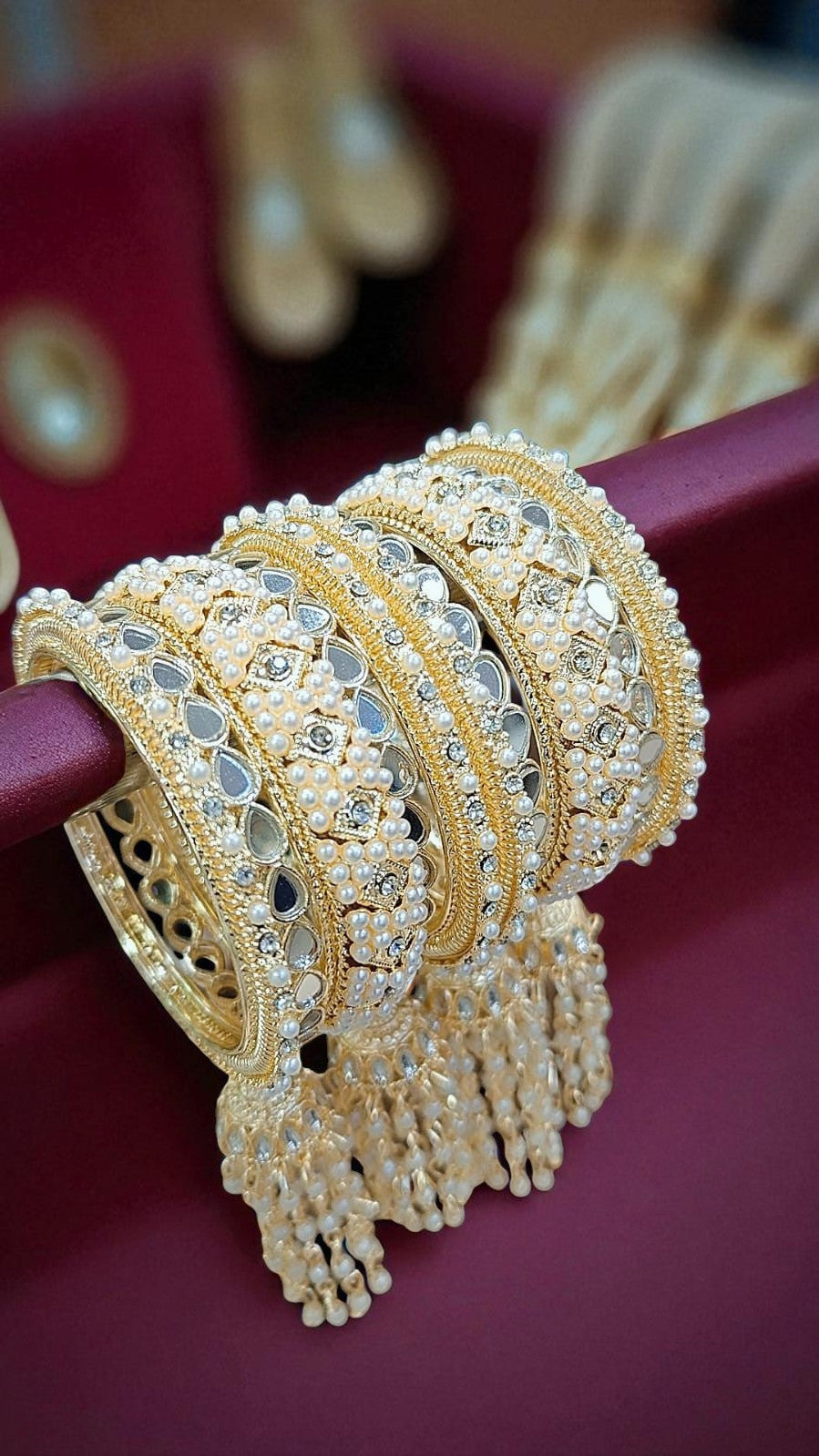 Elegant Gold-Plated Pearl & Kundan Bridal Bangles with Hanging Tassels