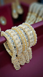 Elegant Gold-Plated Pearl & Kundan Bridal Bangles with Hanging Tassels