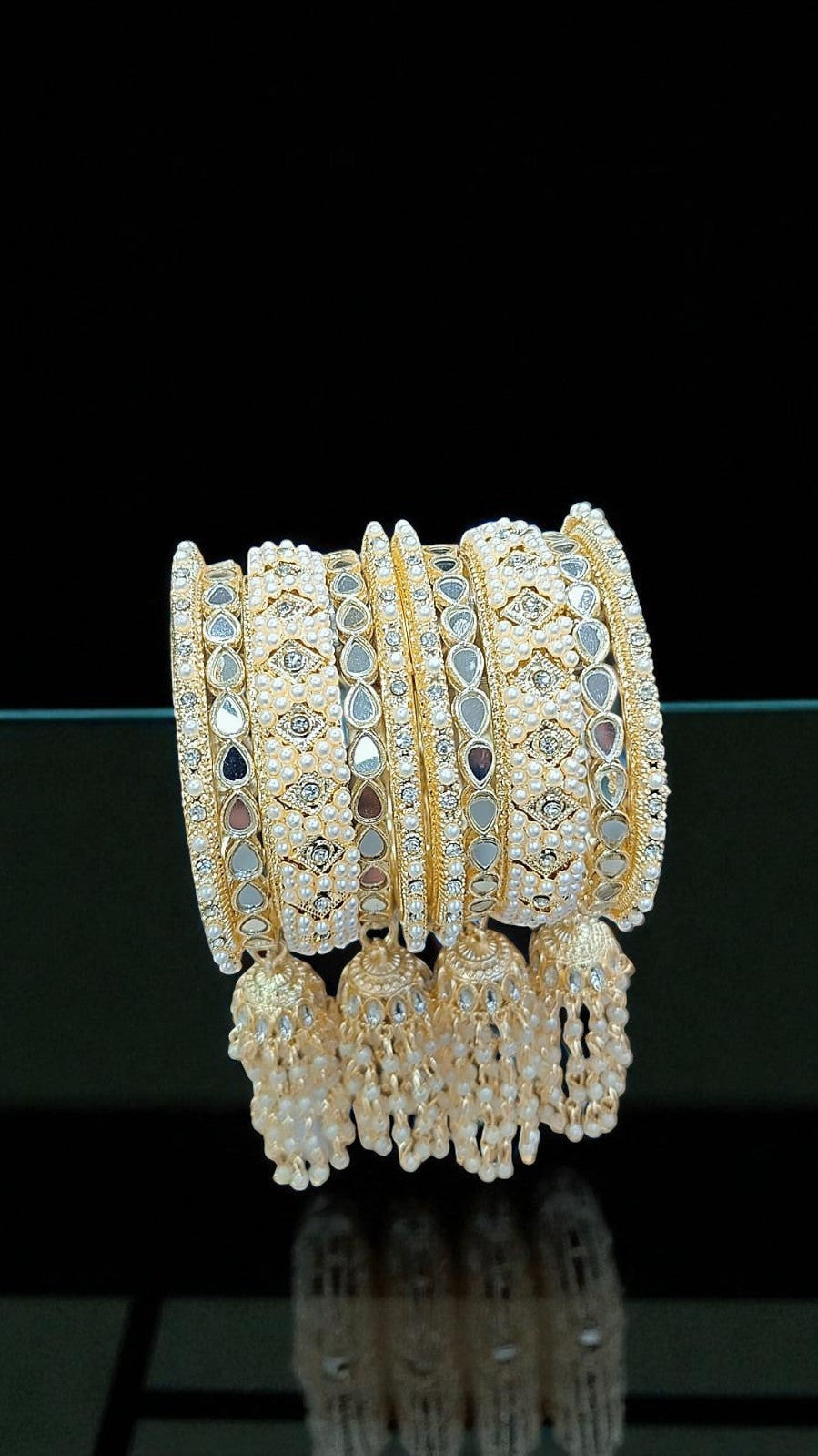 Elegant Gold-Plated Pearl & Kundan Bridal Bangles with Hanging Tassels