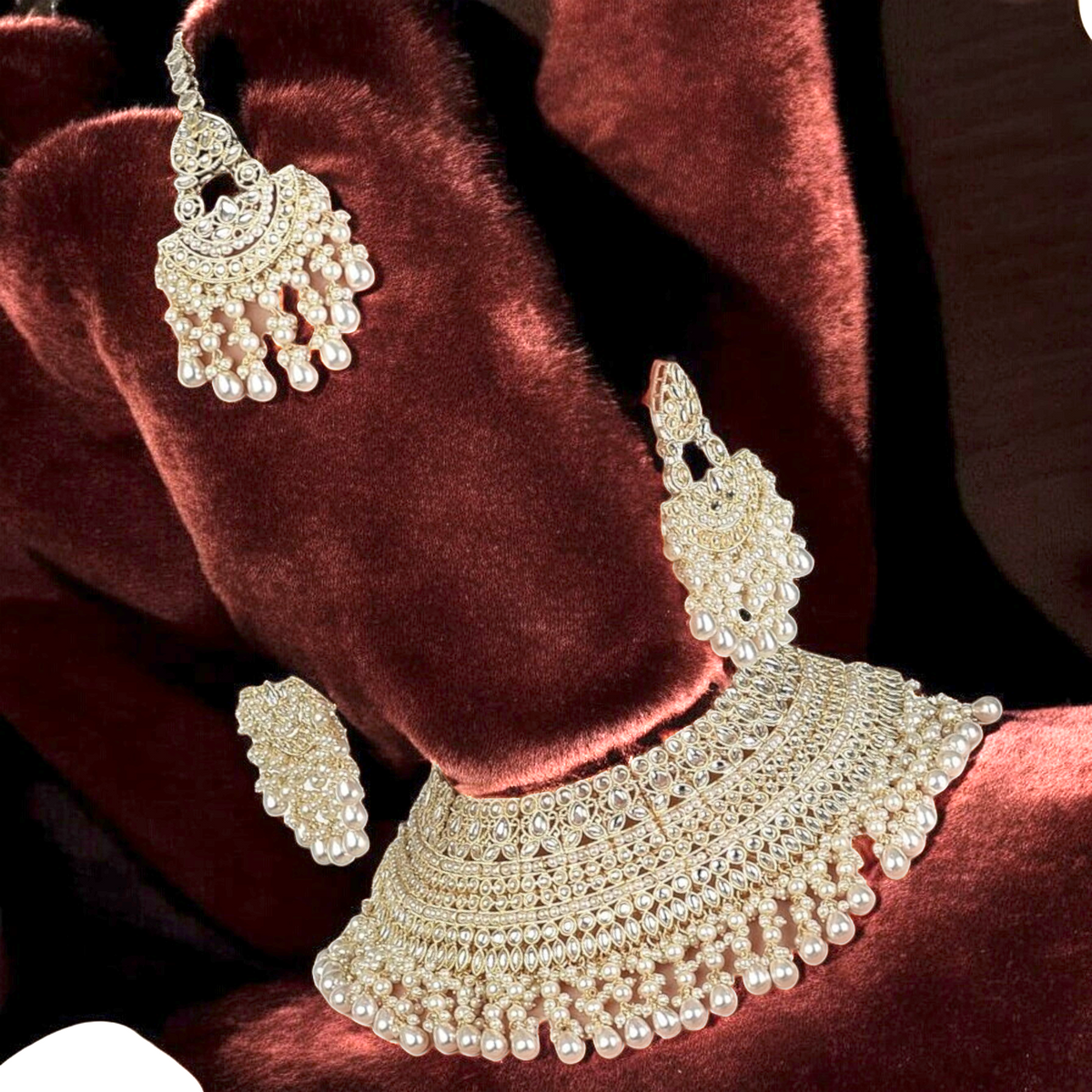 Gold Tone Pearl Choker Necklace earrings Mangtika Ring Set, Bridal Pearl Jewelry Set, Wedding Necklace Ring Set, Mangtika Earrings Set