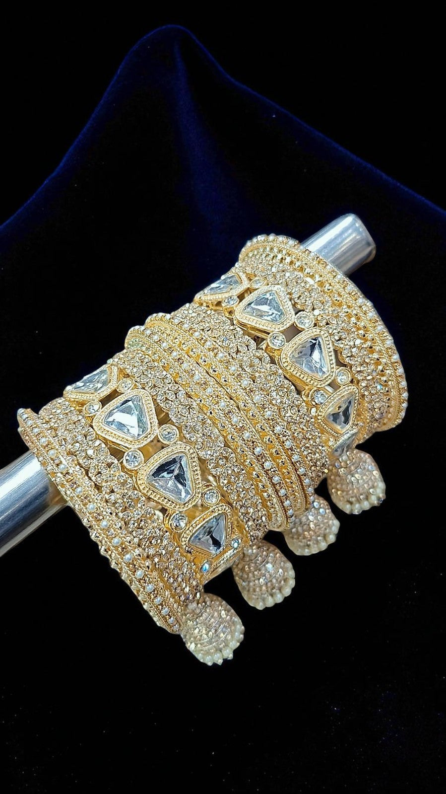 Luxury Gold-Plated Bridal Bangles with Crystal Stones & Jhumka Tassels
