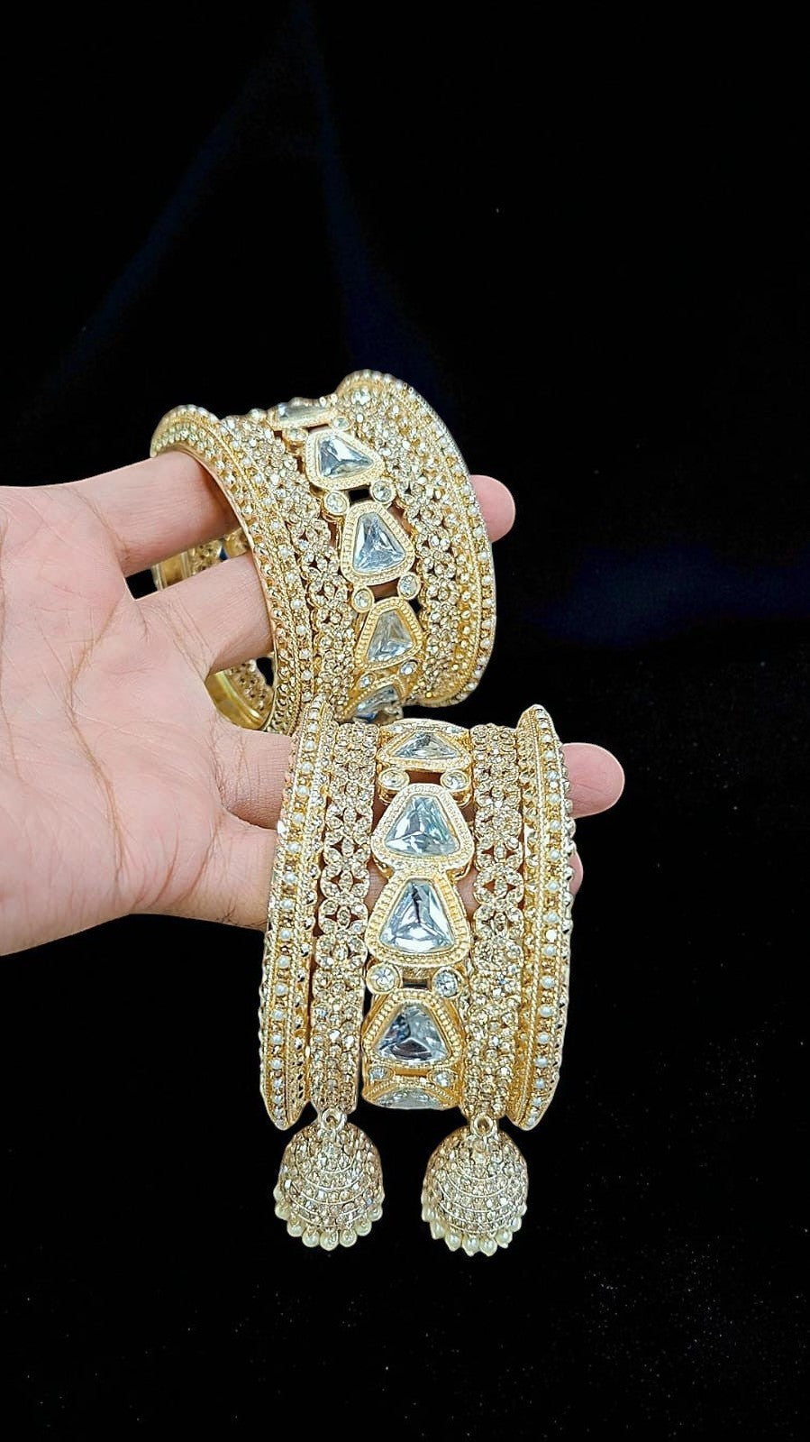 Luxury Gold-Plated Bridal Bangles with Crystal Stones & Jhumka Tassels
